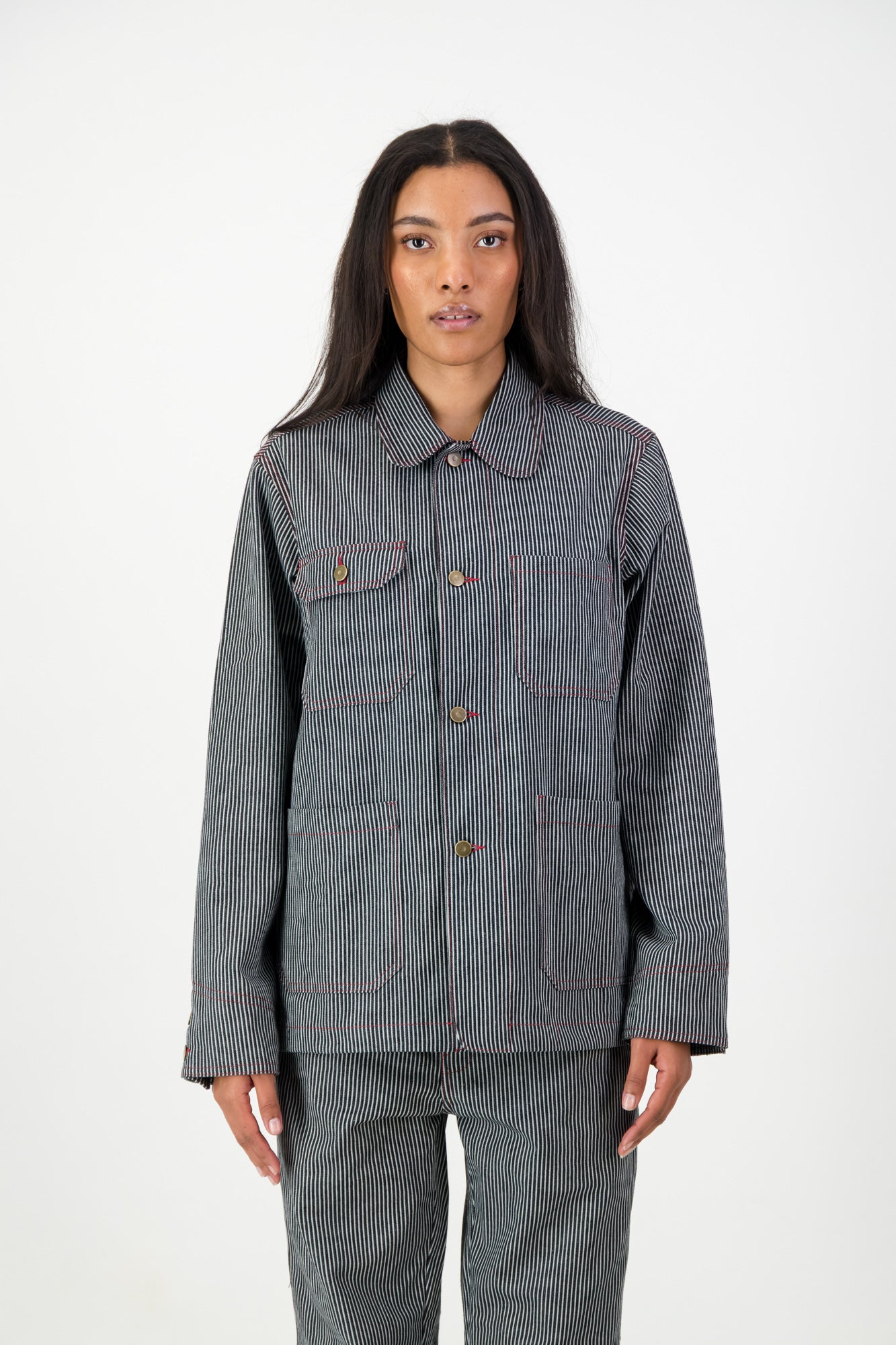 STRIPPED UTILITY DENIM JACKET