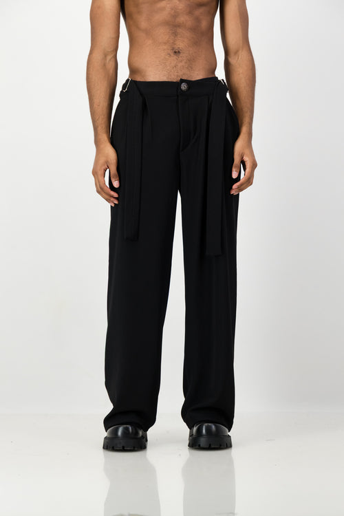 ADJUSTABLE WAIST PLEATED PANTS BLACK